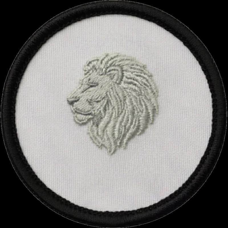 Écusson brodé rond à coudre, lion sur fond clair et bord net
